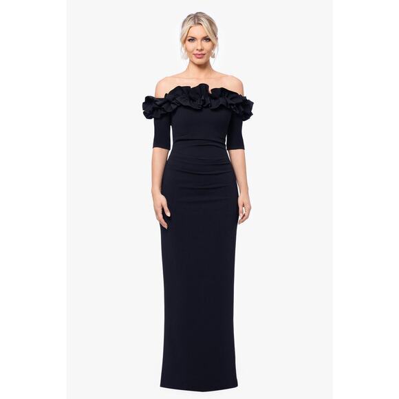 XSCAPE Long Crepe Off The Shoulder Ruffle Short Sleeve Black Size 4 NWT - Picture 1 of 13